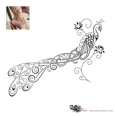 Peacock and lotus flowers